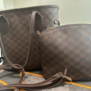 Brown Checkered Tote and Crossbody Bag Set